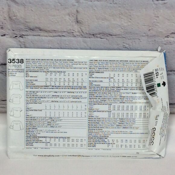 Simplicity Jacket Sewing Pattern #3538 Misses Sizes 12-20 Various Styles Length - Picture 3 of 7